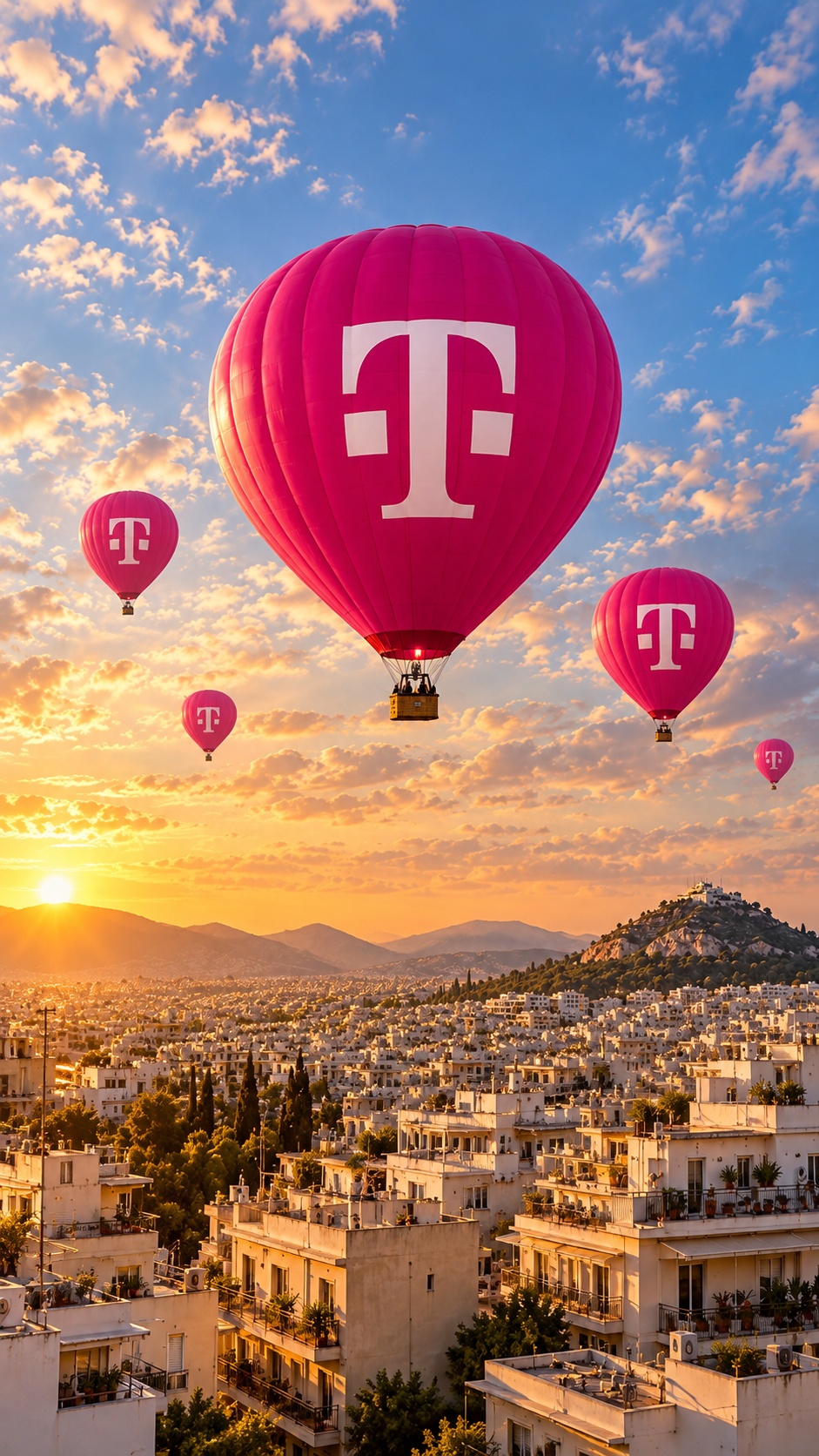 Magenta αερόστατα με το λευκό λογότυπο πάνω από την Αθήνα — προσχέδιο Athens Sky Takeover