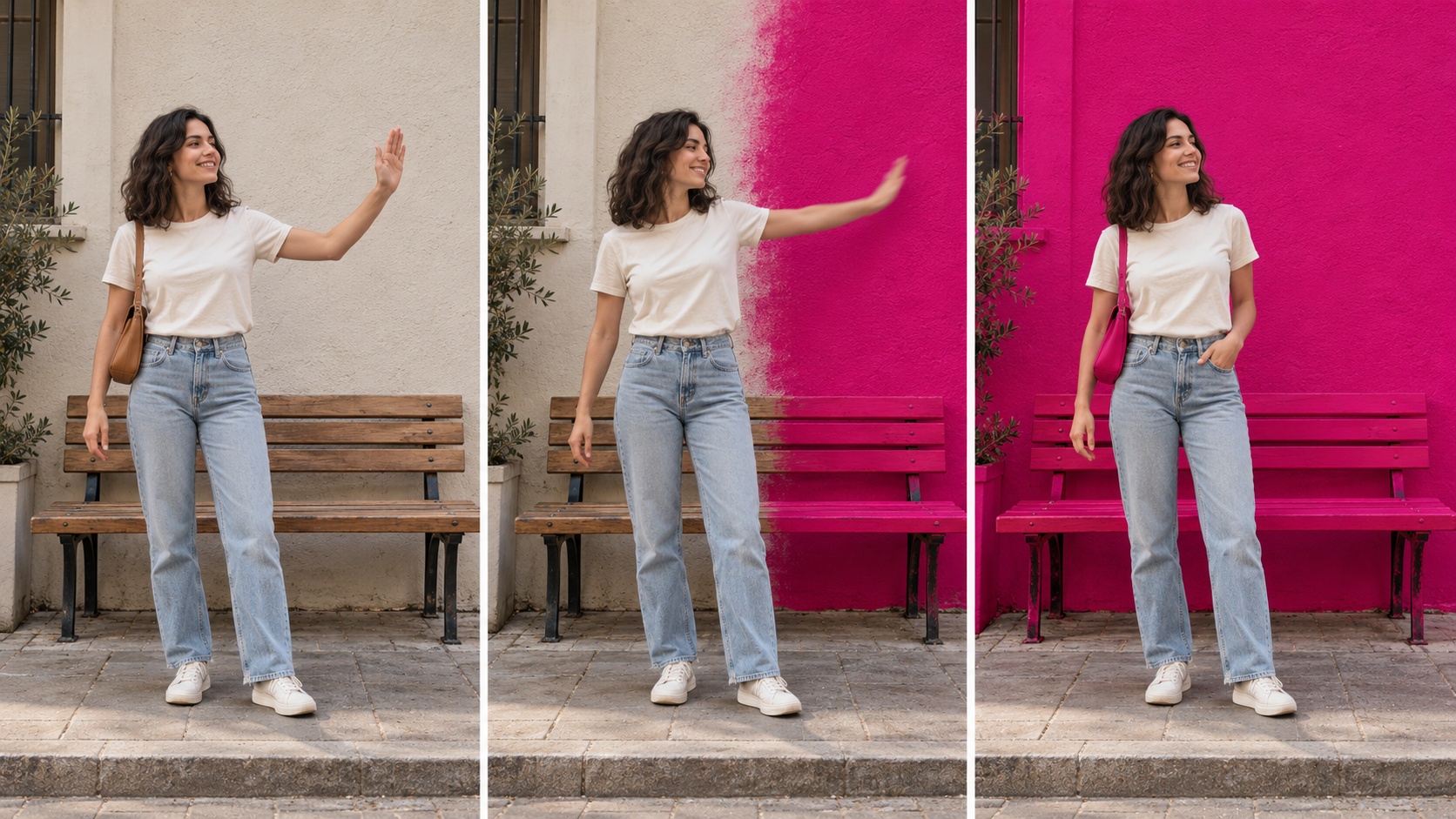Τρία καρέ: creator σε ουδέτερο δρόμο, swipe στον αέρα και μεταμόρφωση τοίχου, πάγκου και τσάντας σε magenta